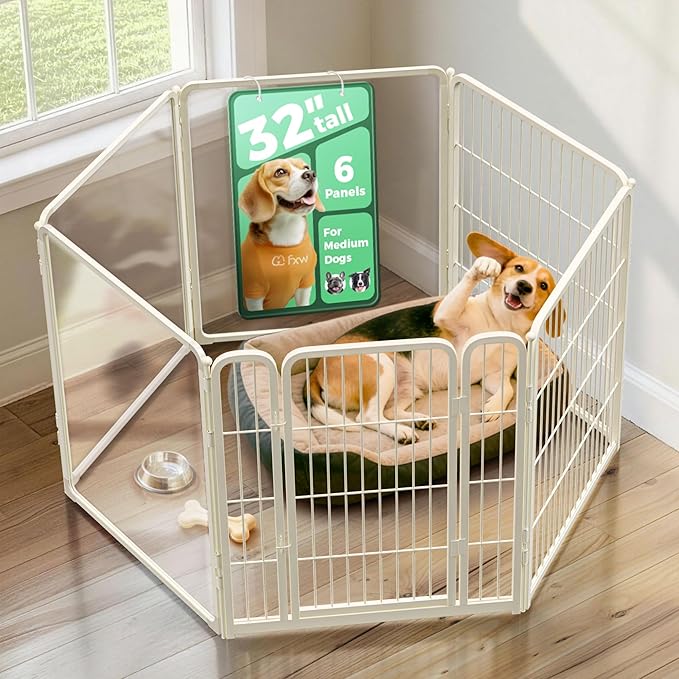 FXW AuraSpace Pro Acrylic & Wire Mesh Indoor Dog Playpen, 32" Height 6 Panels Metal Dog Pen for Small and Medium Dogs, White│Patented