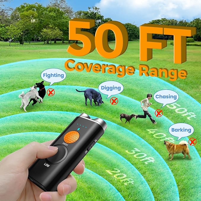 Dog Bark Deterrent Device, Anti Barking Device for Dogs Training Indoor Outdoor No More Bark Ultrasonic 2X Effective Emitters 50ft Range to Stop Neighbors Dog Barking Rechargeable for All Dogs