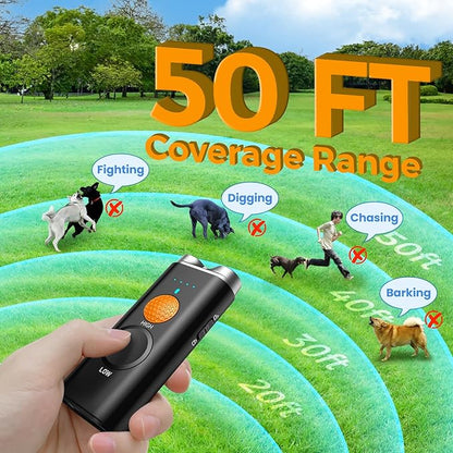 Dog Bark Deterrent Device, Anti Barking Device for Dogs Training Indoor Outdoor No More Bark Ultrasonic 2X Effective Emitters 50ft Range to Stop Neighbors Dog Barking Rechargeable for All Dogs