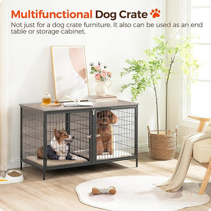 MAHANCRIS Dog Crate Furniture for 2 Dogs, 43.3" Dog Kennel with Removable Divider, Heavy Sturdy Dog Furniture Style Double Cage for Small Medium Dog, Indoor Pet House End Table, Greige DCHG1201