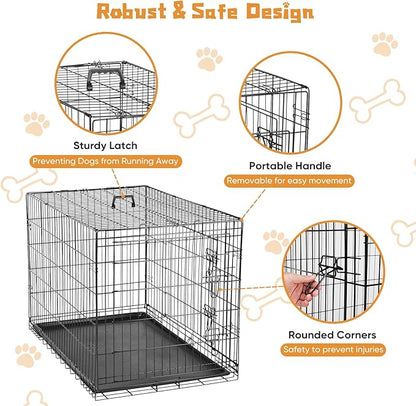 DUMOS Dog Crate, 48 Inch Extra Large Double Door Dog Cage with Plastic Leak-Proof Pan Tray, Folding Metal Wire Pet Kennel for Indoor, Outdoor, Travel