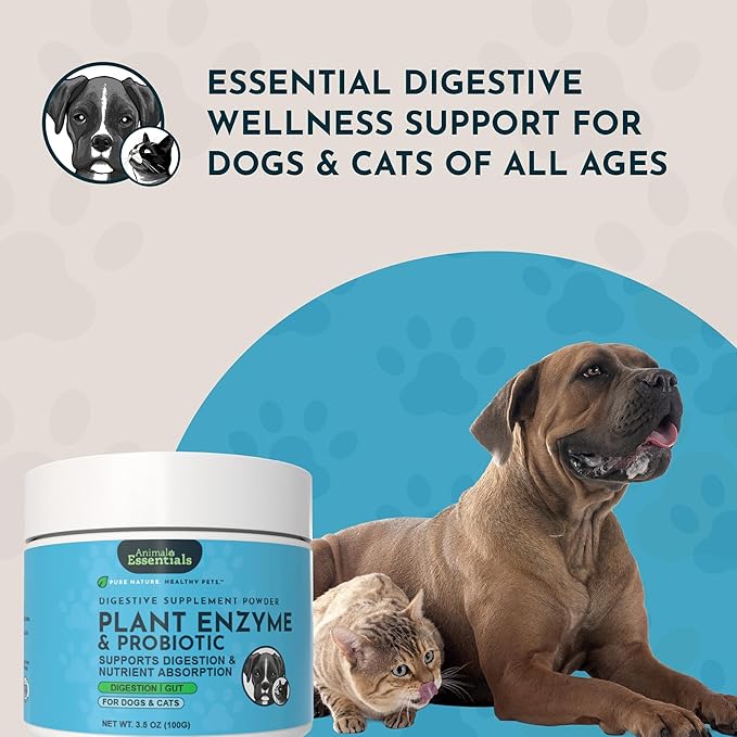 Animal Essentials Plant Enzyme & Probiotics - Probiotics & Digestive Enzymes for Dogs & Cats, Natural Daily Gut & Digestion Support Supplement for Pets, Plant Based - 10.6 oz