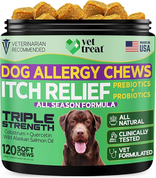 VET TREAT Dog Allergy Relief Chews - 120 Dog Allergy Chews - Itch Relief for Dogs - Anti Itch for Dogs - Dry & Itchy Skin - Allergies & Immune Support Supplement, Omega 3 Fish Oil, Probiotics - USA