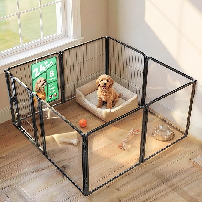FXW AuraSpace Pro Acrylic & Wire Mesh Indoor Dog Playpen, 24" Height 8 Panels Metal Dog Pen for Puppies & Small Dogs, Black│Patented