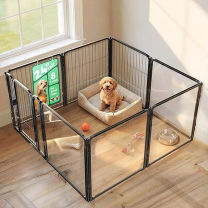 FXW AuraSpace Pro Acrylic & Wire Mesh Indoor Dog Playpen, 24" Height 8 Panels Metal Dog Pen for Puppies & Small Dogs, Black│Patented