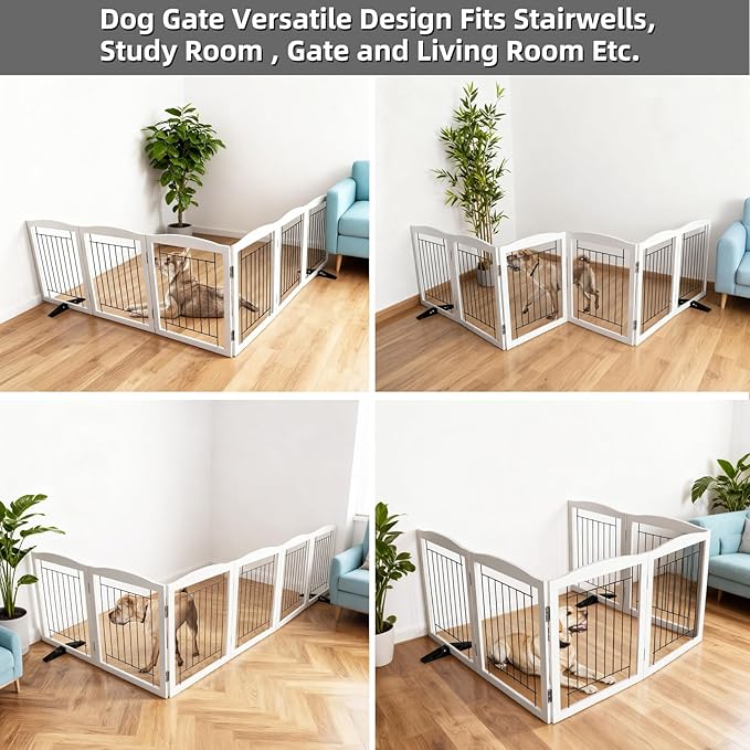 ZJSF Freestanding Dog Fence Indoor, Foldable Dog Gate for Doorways, Stairs or Hallways, Sturdy Wood Extra Wide Pet Gate with Support Feet for The House, White, 32 "Height-6 Panels