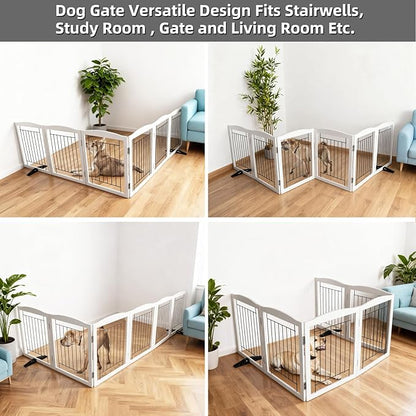 ZJSF Freestanding Dog Fence Indoor, Foldable Dog Gate for Doorways, Stairs or Hallways, Sturdy Wood Extra Wide Pet Gate with Support Feet for The House, White, 32 "Height-6 Panels