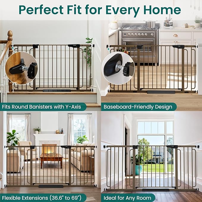 Cumbor Extra Wide Baby Gate, 36.6-69" Walk-Through Dog Gate for Stairs, Doorways & Hallways, 30.5“ Tall, Auto-Close & Dual-Swing Safety Child Gate Indoor, Easy Install Pressure-Mounted Pet Gate, Brown