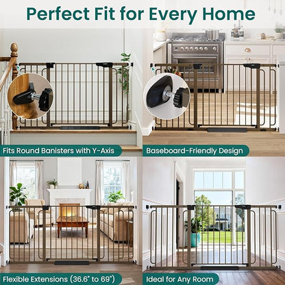Cumbor Extra Wide Baby Gate, 36.6-69" Walk-Through Dog Gate for Stairs, Doorways & Hallways, 30.5“ Tall, Auto-Close & Dual-Swing Safety Child Gate Indoor, Easy Install Pressure-Mounted Pet Gate, Brown