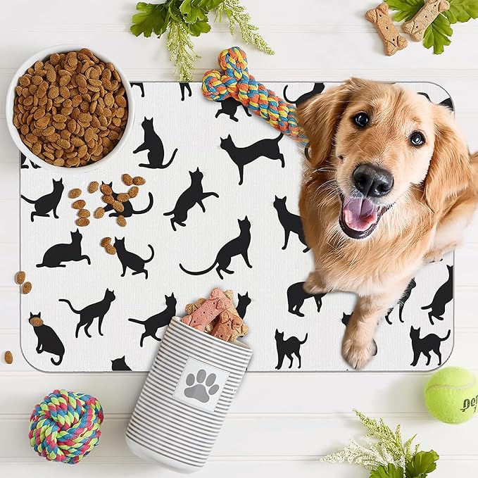 Funny Black Cat Dog Food Mat,Absorbent Pet Feeding Mat with Rubber Backing,Non-Slip Water Bowl Placemat,Indoor Pet Accessories Supplies 12"x20"