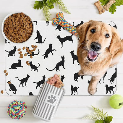 Funny Black Cat Dog Food Mat,Absorbent Pet Feeding Mat with Rubber Backing,Non-Slip Water Bowl Placemat,Indoor Pet Accessories Supplies 12"x20"