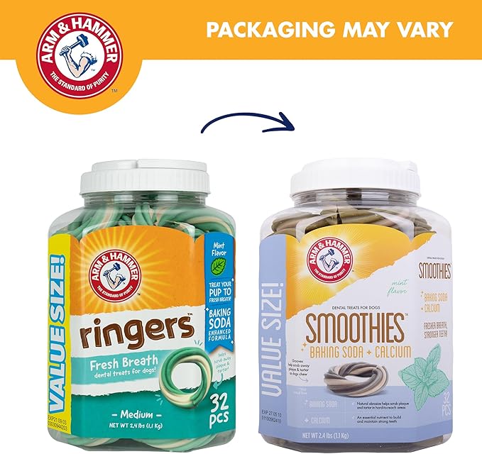 Arm & Hammer for Pets Smoothies Dental Treats for Dogs with Baking Soda and Calcium, Help Fight Bad Breath, Plaque & Tartar without Brushing, Mint, Ring Shaped, 32 Pcs (Packaging may vary)