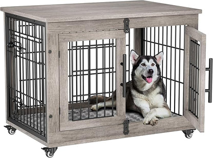 Lulive Dog Crate Furniture Set of 2, Dog Kennel Indoor Double Doors Wooden Dog Cage, 32'' Heavy Duty Dog Crate with Cushion & Wheels, End Table Pet House Chew-Resistant Up to 45 lb, Grey