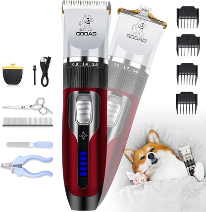Dog Clippers Grooming Kit and Paw Trimmer,Cordless,Low Noise, Electric Quiet,Rechargeable, Dog Trimmer Grooming, Pet Hair Clippers for Thick Coats,Shaver for Small and Large Dogs Cats(Red)