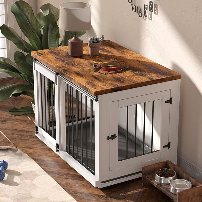 Zakkart Dog Crate Furniture for Large Dogs Up to 60 lbs. - Barn Door Puppy Kennel w/Thickened Farmhouse Top & Metal Bars - 37'' Wide - White Decorative Modern Dog Crate Table, End Table, Nightstand