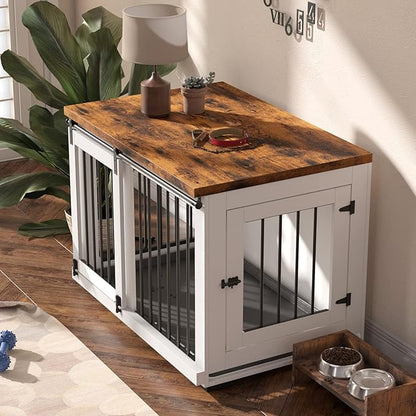 Zakkart Dog Crate Furniture for Large Dogs Up to 60 lbs. - Barn Door Puppy Kennel w/Thickened Farmhouse Top & Metal Bars - 37'' Wide - White Decorative Modern Dog Crate Table, End Table, Nightstand