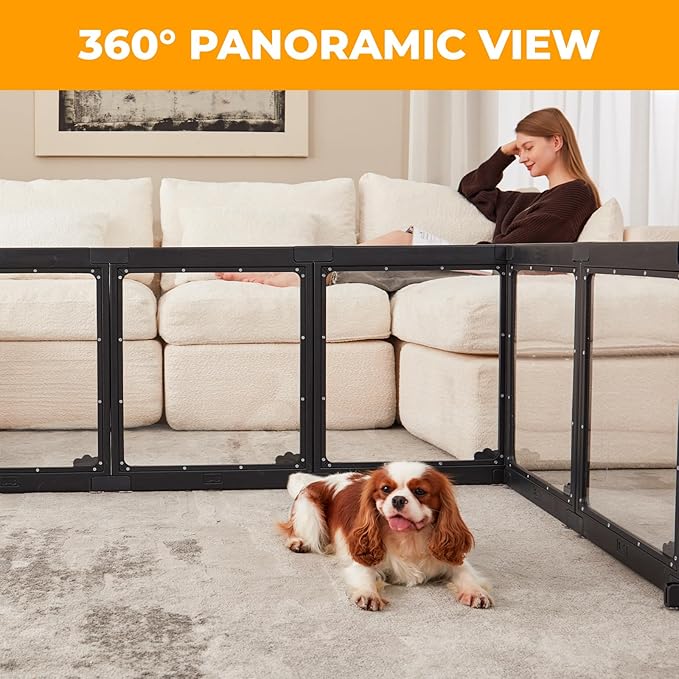 Acrylic Dog Playpen Indoor, Cloud Design Clear Dog Play Pen for Puppies and Small Dogs, Easy Assembly & Clean Puppy Pen (23.6", 16 Panels, Black)
