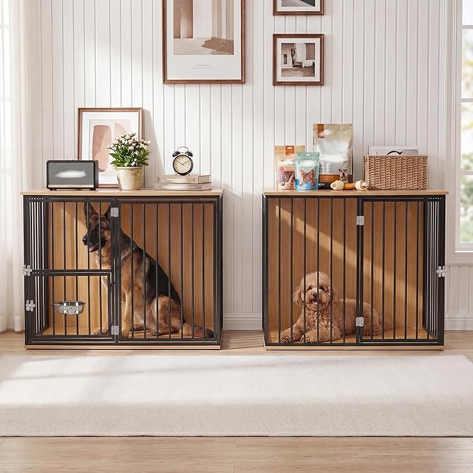 Dog Crate Furniture for 2 Dogs, Corner Heavy Duty Double Dog Kennel Furniture with Divider, Indoor Wooden Dogs Crate Large Breed (Black)