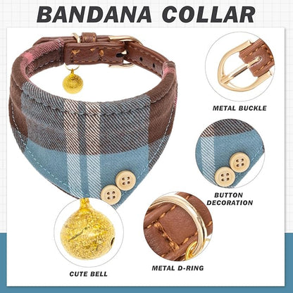 EXPAWLORER Dog Collar Bandana Set - Classic Plaid Dog Bow Tie and Bandana Collar with PU Leather, Adjustable Collars for Small Medium Large Dogs Cats, Holiday Ideal Gift, Blue XS
