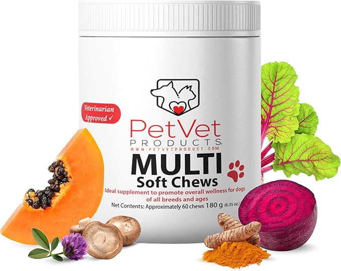Pet Vet Multi Soft Chews for Dogs (Beef Liver, 60 Chews) – Multi, Probiotics for Digestive Health – Glucosamine, Skin Supplement – Immune Support, Supplements