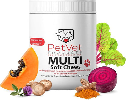 Pet Vet Multi Soft Chews for Dogs (Beef Liver, 60 Chews) – Multi, Probiotics for Digestive Health – Glucosamine, Skin Supplement – Immune Support, Supplements