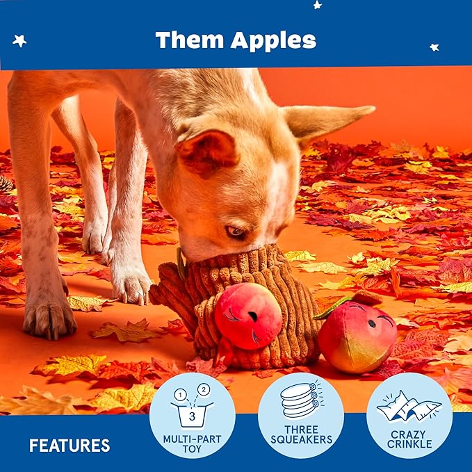 Barkbox Dog Toys – Them Apples 3 in 1 Multi Part Interactive Puzzle Dog Toy with Stimulating Crinkle and Squeakers – Small