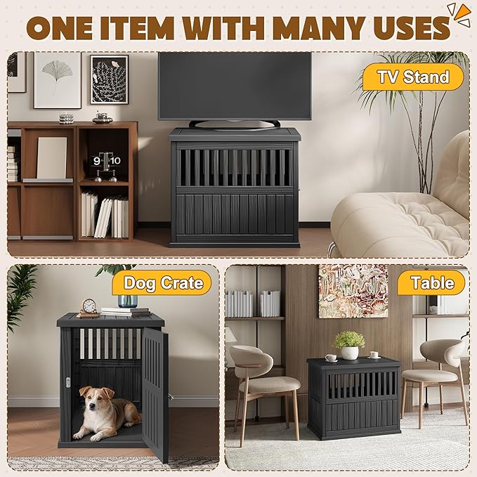 Bifanuo Dog House 30-Inch Dog Crate Furniture, Heavy Duty Dog Crate for Small Dog, Lockable Indoor Outdoor Dog Kennel & End Table, Decorative Plastic Pet Cage (Black)