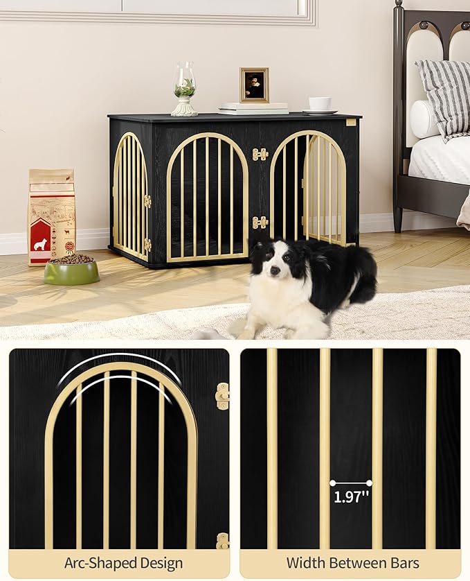 Hzuaneri 39.4" Wooden Dog Crate Furniture, Indoor Dog Kennel Dogs Cage for Small/Medium/Large Dogs, Heavy Duty Dog Crates Decorative Pet House End Side Table TV Stand, Black Gold DFC84104A
