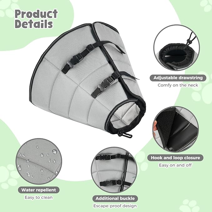 Avont Dog Cone Alternative, Adjustable Soft Comfy Foldable E Cones for Medium Large Dogs After Surgery, Escape-Proof Elizabethan Collar for Surgical Wound Recovery Stop Licking -Grey(L)
