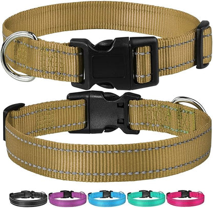 Reflective Dog Collar with Buckle Adjustable Safety Nylon Collars for Small Medium Large Dogs, Brown S