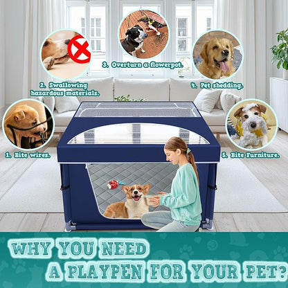 XVISHX 42x42 Inches Puppy Playpen with Cover&Dog Pads, Dog Playpen for Puppies or Small Dogs, Pet Playpen for Indoor & Outdoor, Sturdy Safety Dog Pen with Thickened Fabric