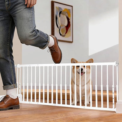 10''-15.8'' Height Adjustable Dog Gate, Extra Wide 18.1"-46" All Metal Short Dog Gate to Step Over, Pressure Mount Small Pet Puppy Gate for Stairs & Doorways(White)