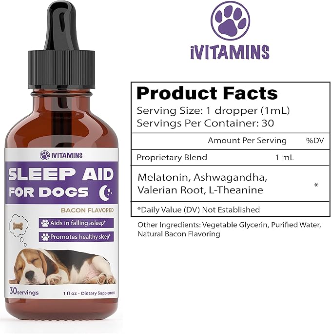 Dog Sleep Aid | Sleep Aid for Dogs | Promotes Healthy, Restful Sleep in Dogs | Melatonin for Dogs | | Dog Calming | Calming for Dogs | Dog Melatonin | Dog Anxiety Relief | 1 fl oz: Bacon Flavor