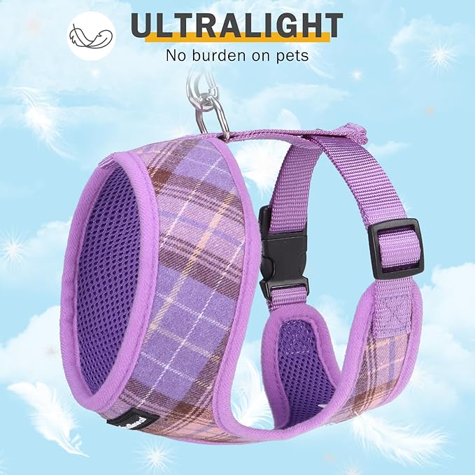 SCENEREAL No Pull Dog Harness with Leash Set for Small Dogs - Breathable Soft Mesh Vest, Plaid Design for Daily Walking Training, Fits Chihuahua Bulldog, Purple Size S