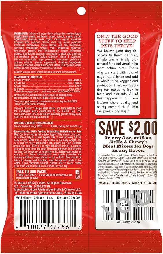 Stella & Chewy's Freeze-Dried Raw Chicken Meal Mixers- Dog Food Topper and Mixer - Made with 95% Cage-Free Chicken, Organs & Bone - Perfect for Picky Eaters - Grain-Free - 1oz (Pack of 6)