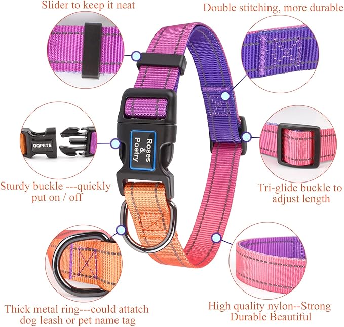 Roses&Poetry Reflective Dog Collar and Leash for Large Dogs, Purple Collars with Leashes Set, Adjustable Durable Pet Personalized Collars Leash for Medium Large Dogs （Mistyrose-L
