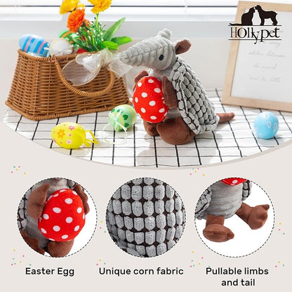 Hollypet Plush Dog Squeaky Toy Stuffed Armadillo Animal Pet Puppy Chew Toys with Clean Teeth for Small Medium Large All Breed Sizes Dogs, Gray, 8 in, Red Eggs with White Dots