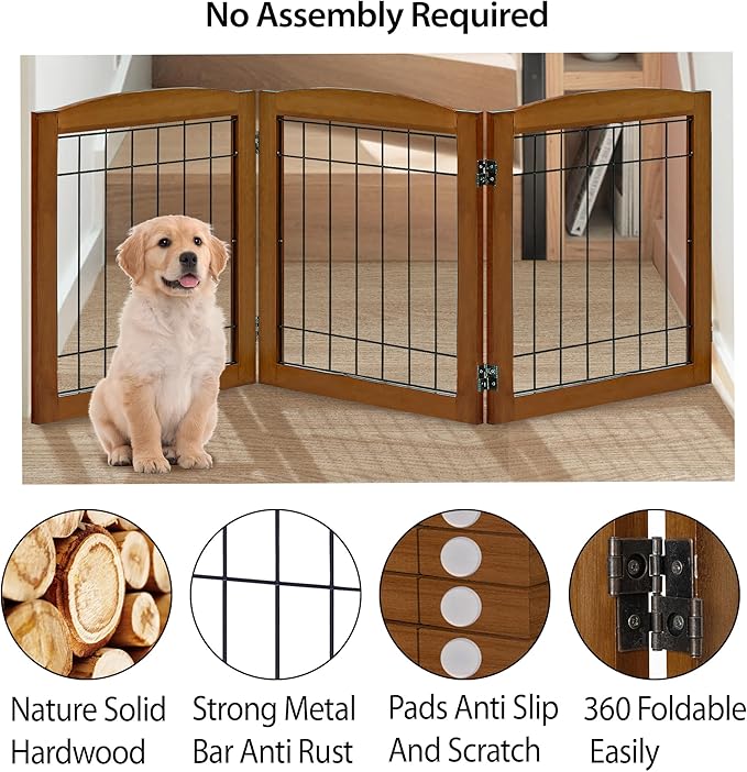 LZRS 3-Panel Freestanding Foldable Wooden Dog Gate –Solid Wood & Steel Wire Chew-Resistant Indoor Safety Pet Fence for Doorways & Stairs, Ideal for Small to Medium Dogs & Puppies, Cherry
