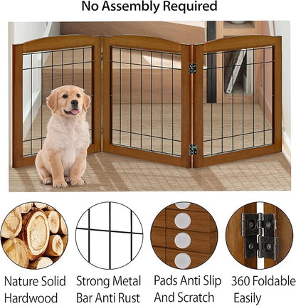 LZRS 3-Panel Freestanding Foldable Wooden Dog Gate –Solid Wood & Steel Wire Chew-Resistant Indoor Safety Pet Fence for Doorways & Stairs, Ideal for Small to Medium Dogs & Puppies, Cherry
