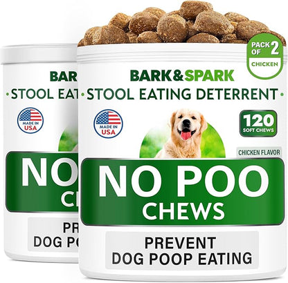 BARK&SPARK NO Poo Treats - Prevent Dog Poop Eating - Coprophagia Treatment - Stool Eating Deterrent - Probiotics & Enzymes - Digestive Health + Breath Aid - Made in USA - (240 Ct - Chicken)