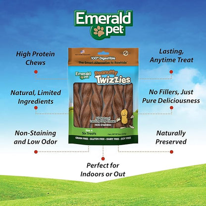Emerald Pet Twizzies Rawhide Free 100% Digestible Natural Dog Lasting Chew Treats, Made in USA Size 6, Peanutty Peanut Butter Multipack