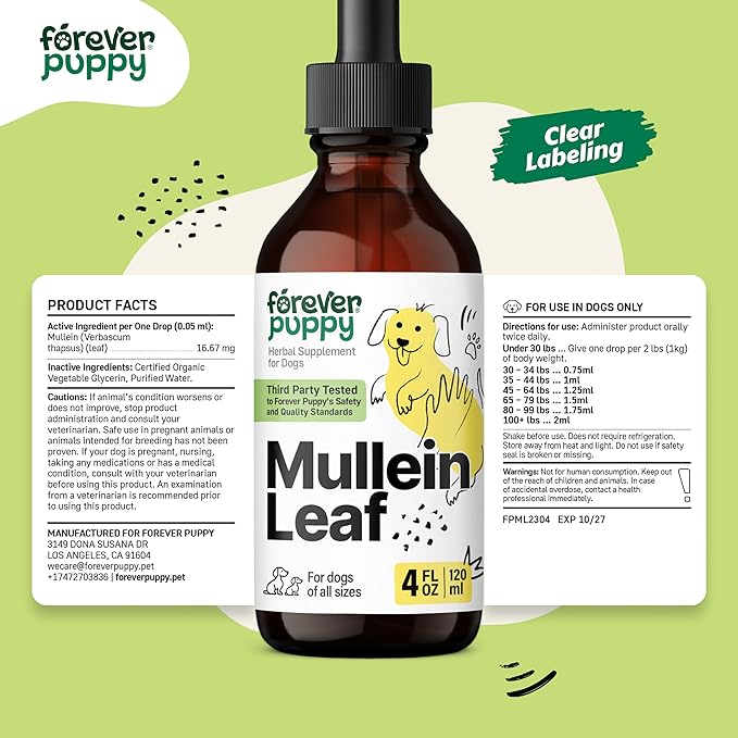 Forever Puppy Mullein Leaf Drops for Dogs - Lung Support for Easy Breathing - Mullein Respiratory Supplements - Liquid Dog Vitamins and Supplements - All Breeds & Sizes - Sugar & Alcohol-Free - 4 oz