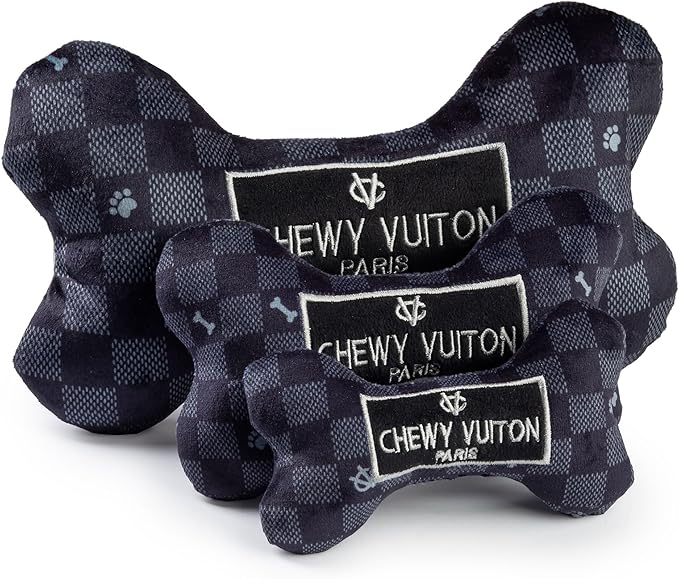 Haute Diggity Dog Chewy Vuiton Bone Plush Squeaky Dog Toy, Soft Durable Designer-Inspired Stuffed Puppy Chew Toys for Small, Medium & Large Dogs, Machine-Washable (Black Checker) XL