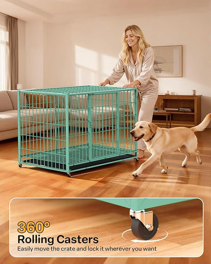 HIWOKK 48 Inch Large Dog Crate, Escape Proof Dog Cage with Dual Door Lock and Swivel Casters,Removable Tray for Easy Cleaning, Dog Kennel Indoor Outdoor Use