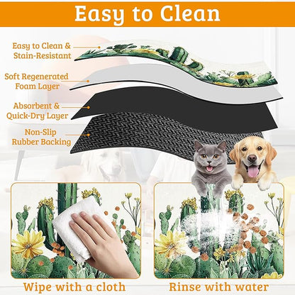 Tropical Cactuses Feeding Mat,Blooming Succulents Absorbent Quick-Dry Cat Dog Food and Water Bowl Mats,Non-Slip Rubber Backing Mat,Cat Dog Accessories Supplies 12" x 20"