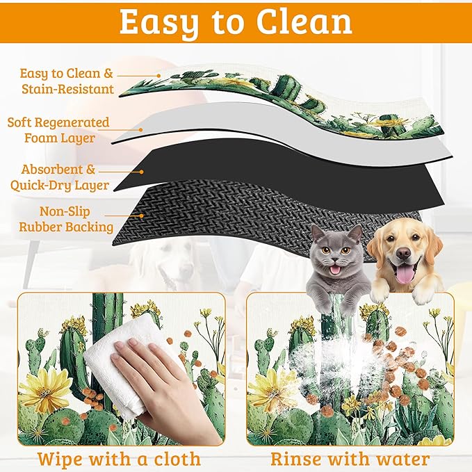 Tropical Cactuses Feeding Mat,Blooming Succulents Absorbent Quick-Dry Cat Dog Food and Water Bowl Mats,Non-Slip Rubber Backing Mat,Cat Dog Accessories Supplies 16" x 24"