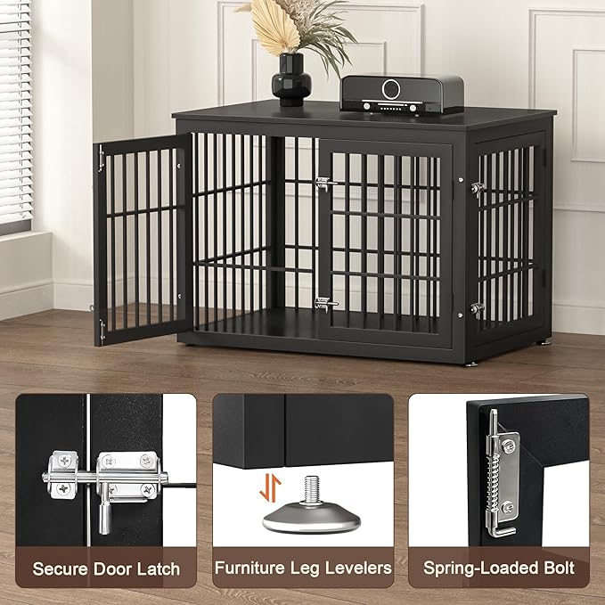 rehomerance 38 Inch Heavy Duty Dog Crate Furniture for Large and Medium Dogs, Decorative Pet House End Table, Wooden Cage Kennel Furniture Indoor, Black