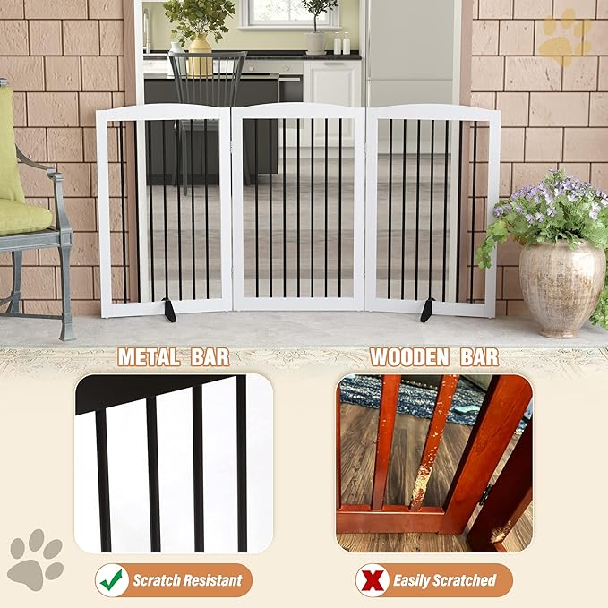 PUPETPO Freestanding Pet Gate for Dogs, Foldable Wooden Dog Gate for House Indoor, Tall Pet Fence for Stair, Doorway,Hall, Support Feet Included, 3 Panels 32",White