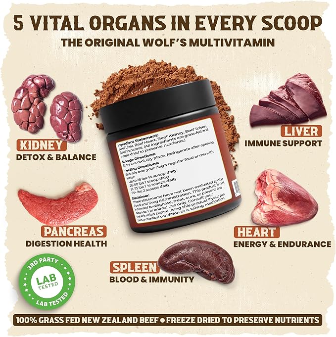 Alpha Organ Blend for Dogs - Grass Fed Beef Liver Heart Kidney Pancreas Spleen Powder - Freeze Dried Dog Vitamin Minerals - Supports Immunity Joints Skin Coat Energy - All Breeds 30 Servings