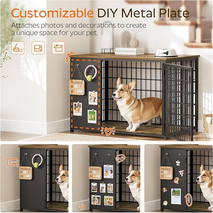 YATINEY Foldable Dog Crate Furniture, Dog Crate with DIY Frame, Heavy Duty Dog Kennel Indoor with Hooks, Wooden Dog Cage End Table, for Small/Medium Dogs, Rustic Brown and Black DC95BR